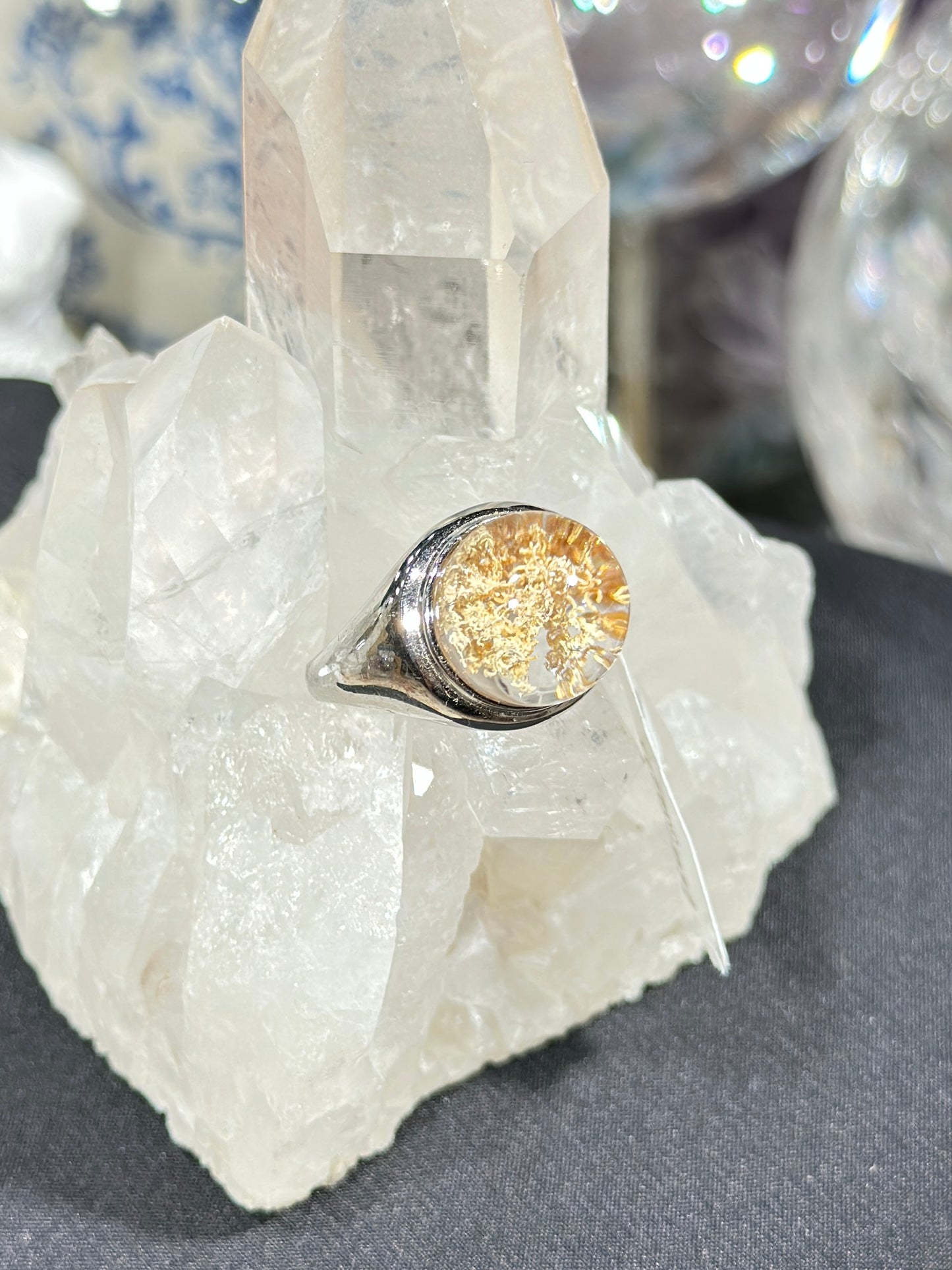 Orange-pink ghost crystal S925 silver ring