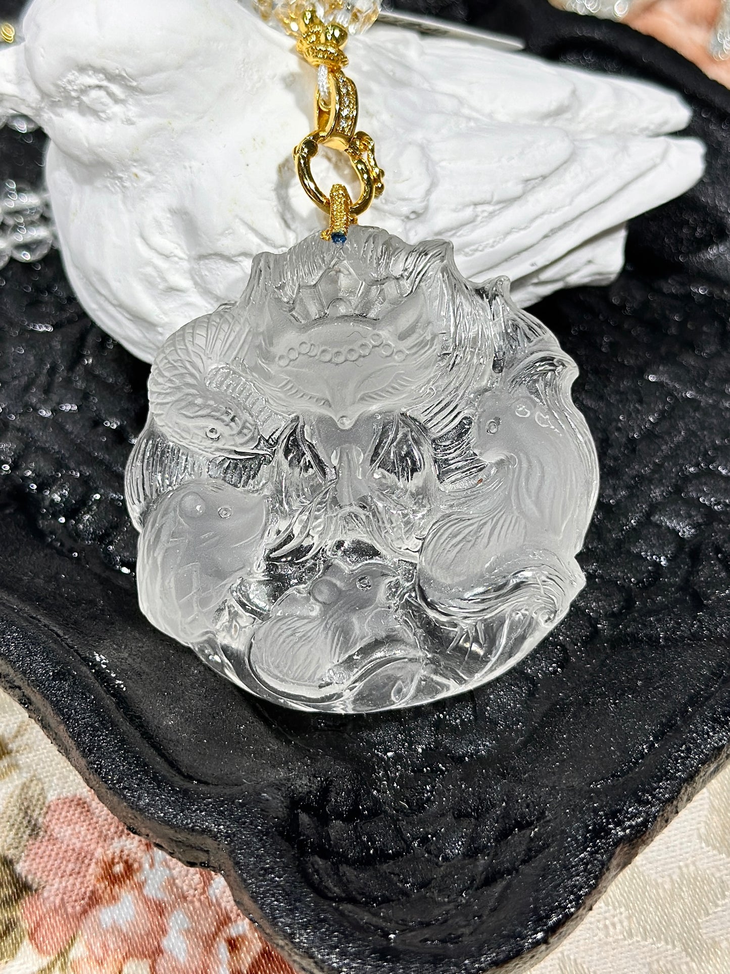 White crystal engraved fox necklace