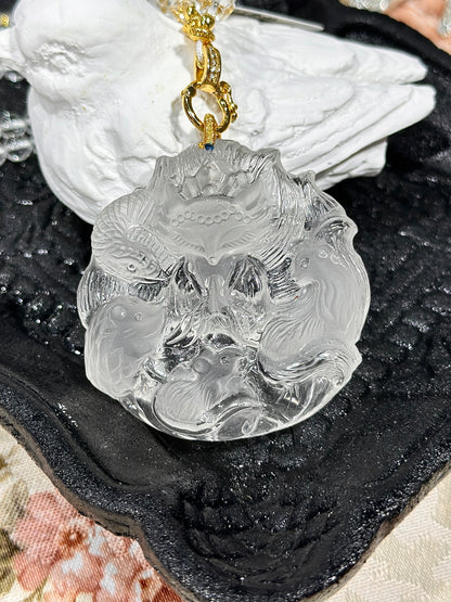 White crystal engraved fox necklace