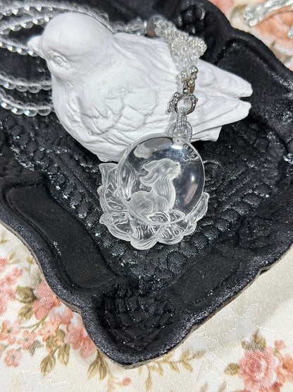White crystal engraved fox necklace