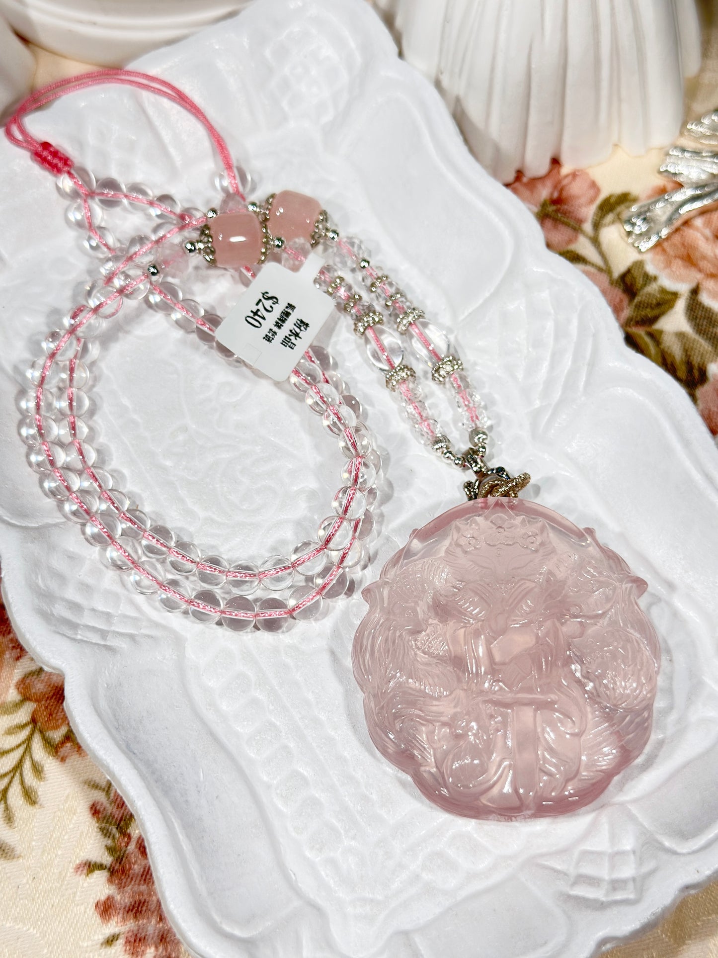 Pink quartz fox necklace