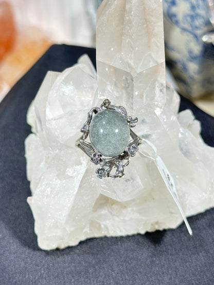 Gray and white rabbit fur crystal S925 silver ring