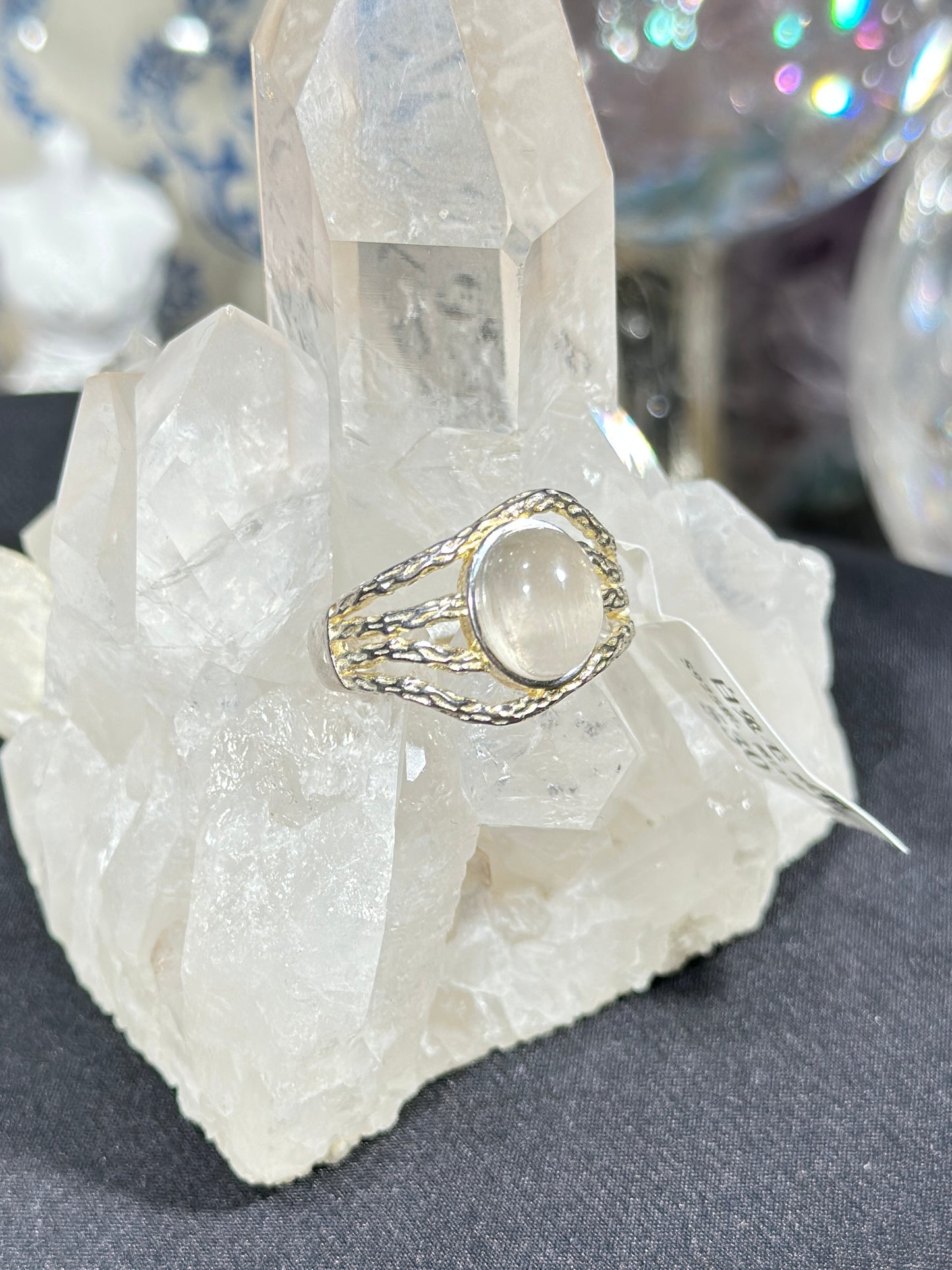 Gray and white rabbit fur crystal S925 silver ring