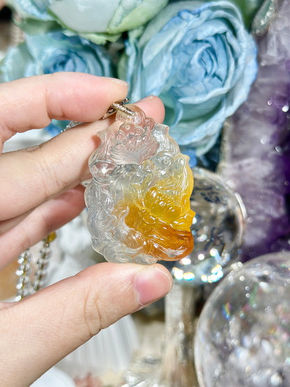 Yellow glue flower engraved fox brand necklace