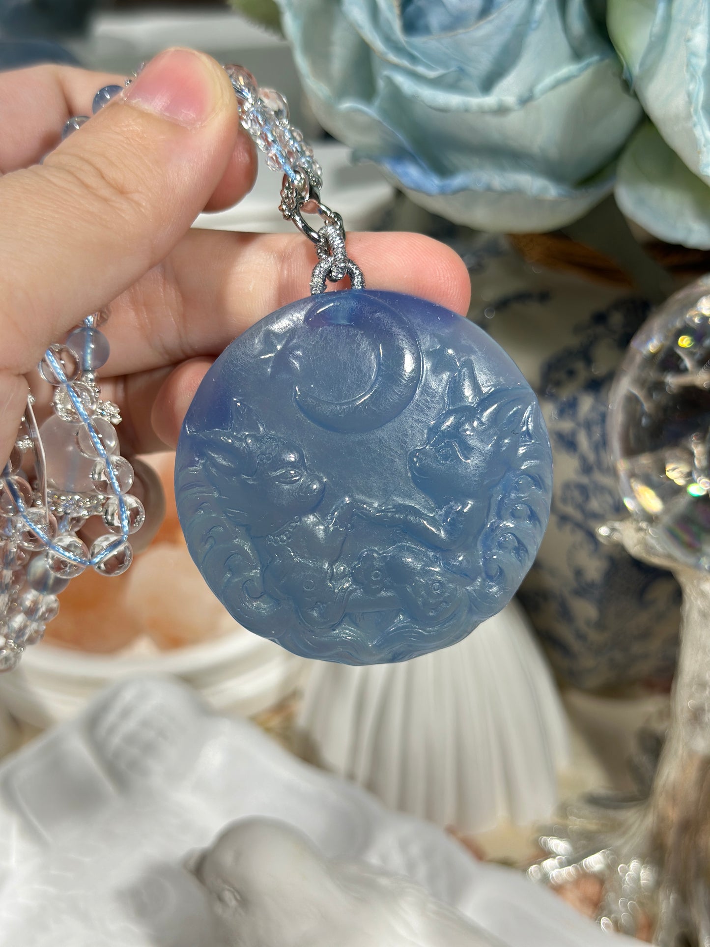 Aquamarine engraved fox necklace
