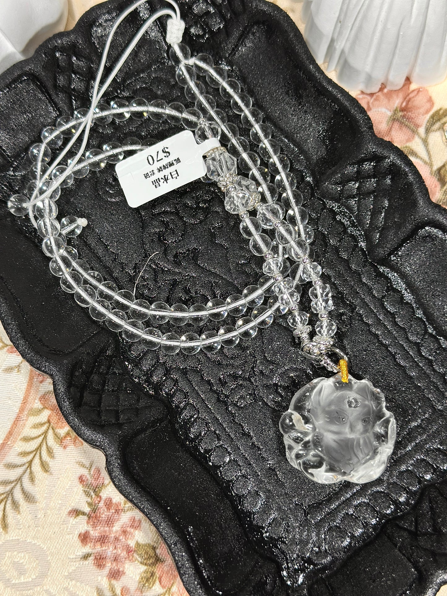 White crystal engraved fox necklace