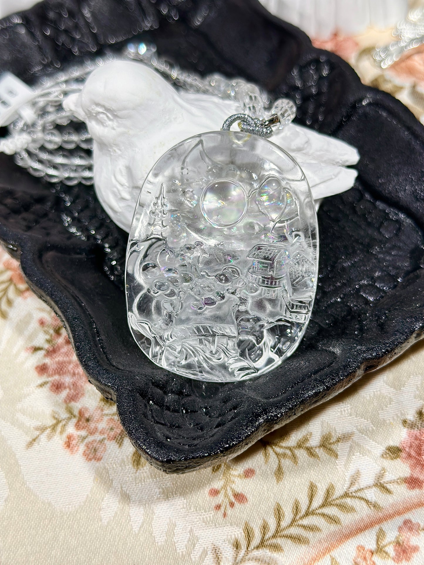 Colorful white crystal engraved fox necklace