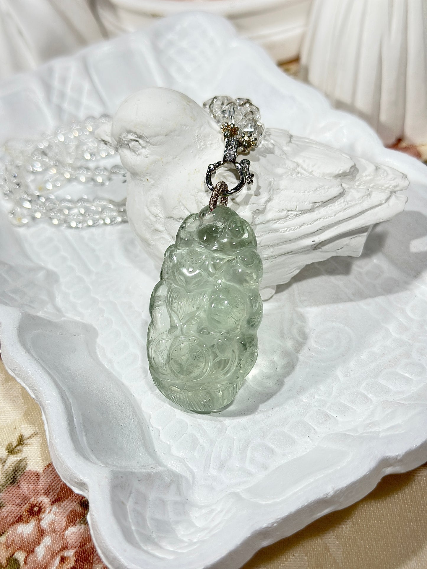 Green crystal engraved fox necklace