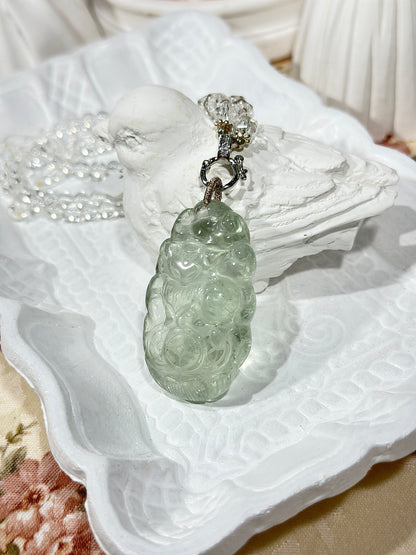 Green crystal engraved fox necklace