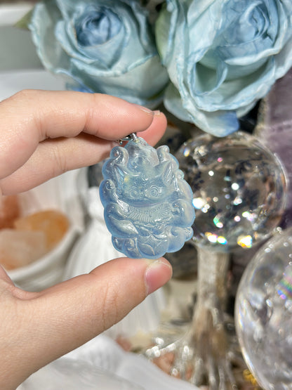 Aquamarine engraved fox necklace