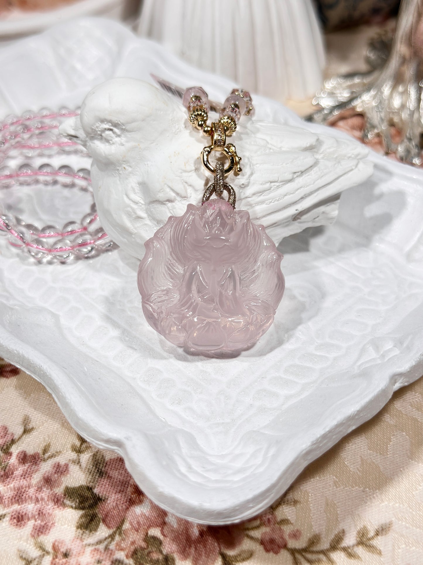 Pink quartz fox necklace