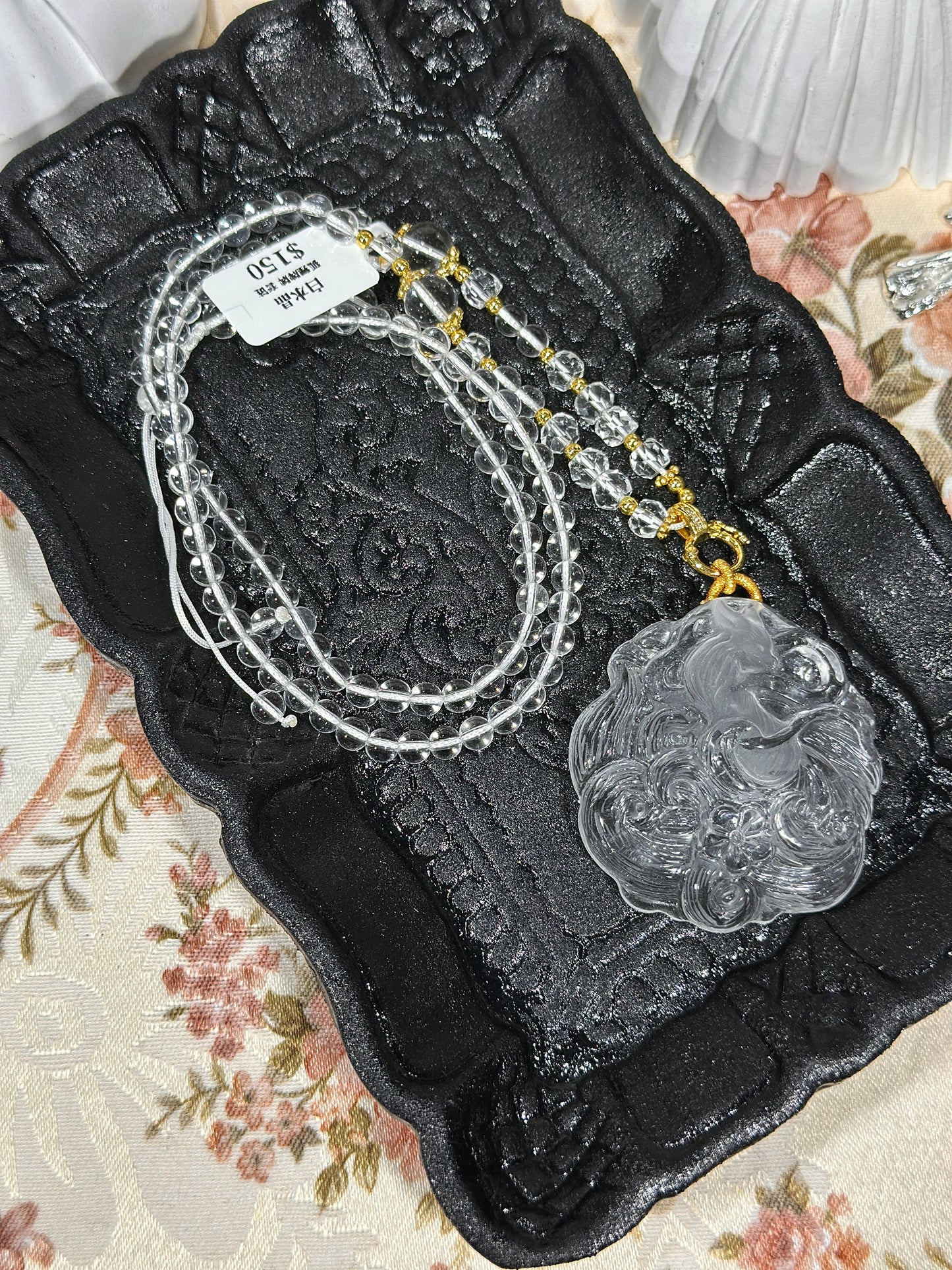 White crystal engraved fox necklace