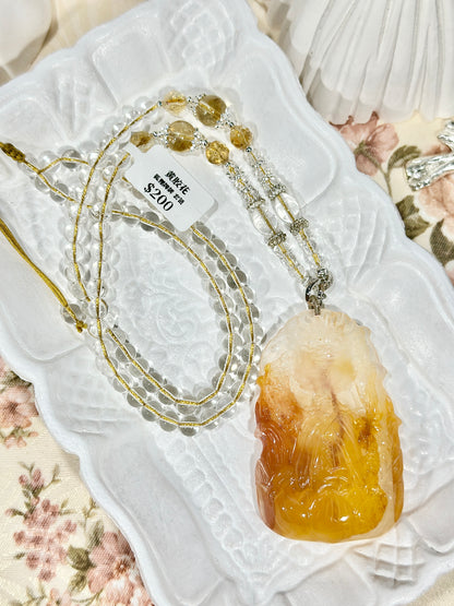 Yellow glue flower engraved fox brand necklace