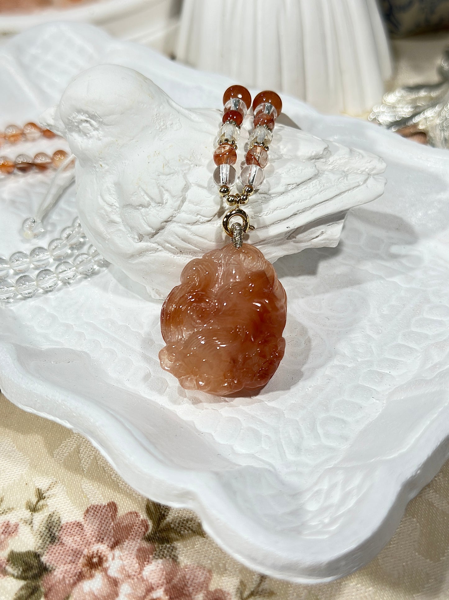 Red rabbit fur fox carved pendant