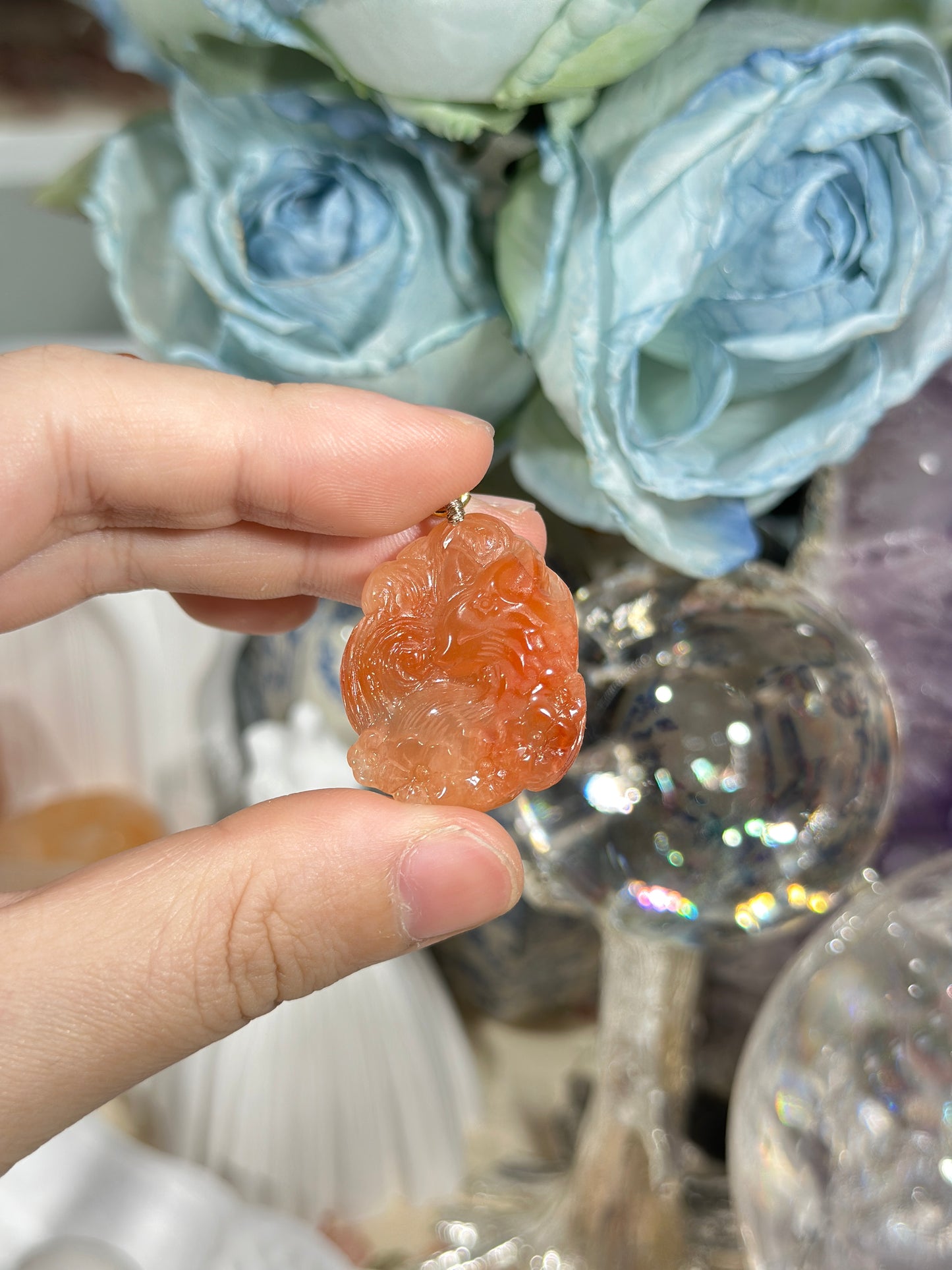 Red rabbit fur fox carved pendant