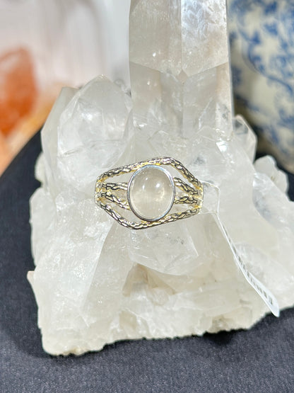 Gray and white rabbit fur crystal S925 silver ring
