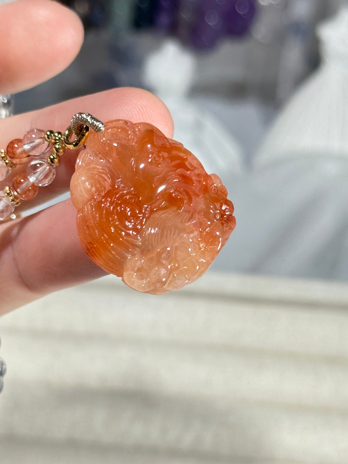 Red rabbit fur fox carved pendant