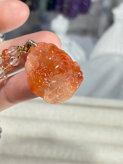 Red rabbit fur fox carved pendant