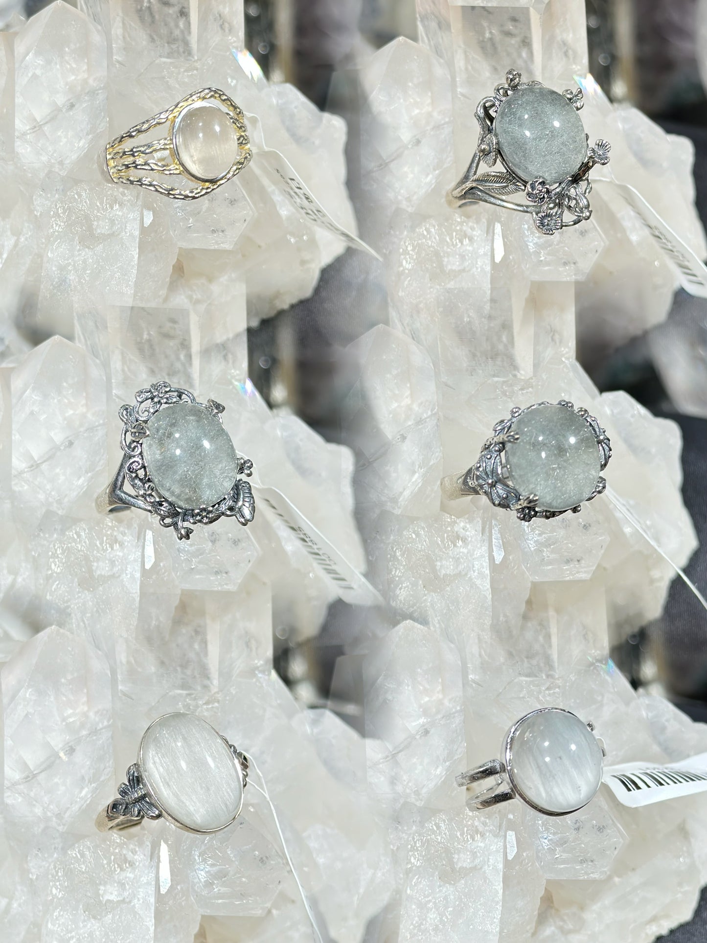 Gray and white rabbit fur crystal S925 silver ring