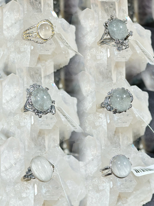 Gray and white rabbit fur crystal S925 silver ring