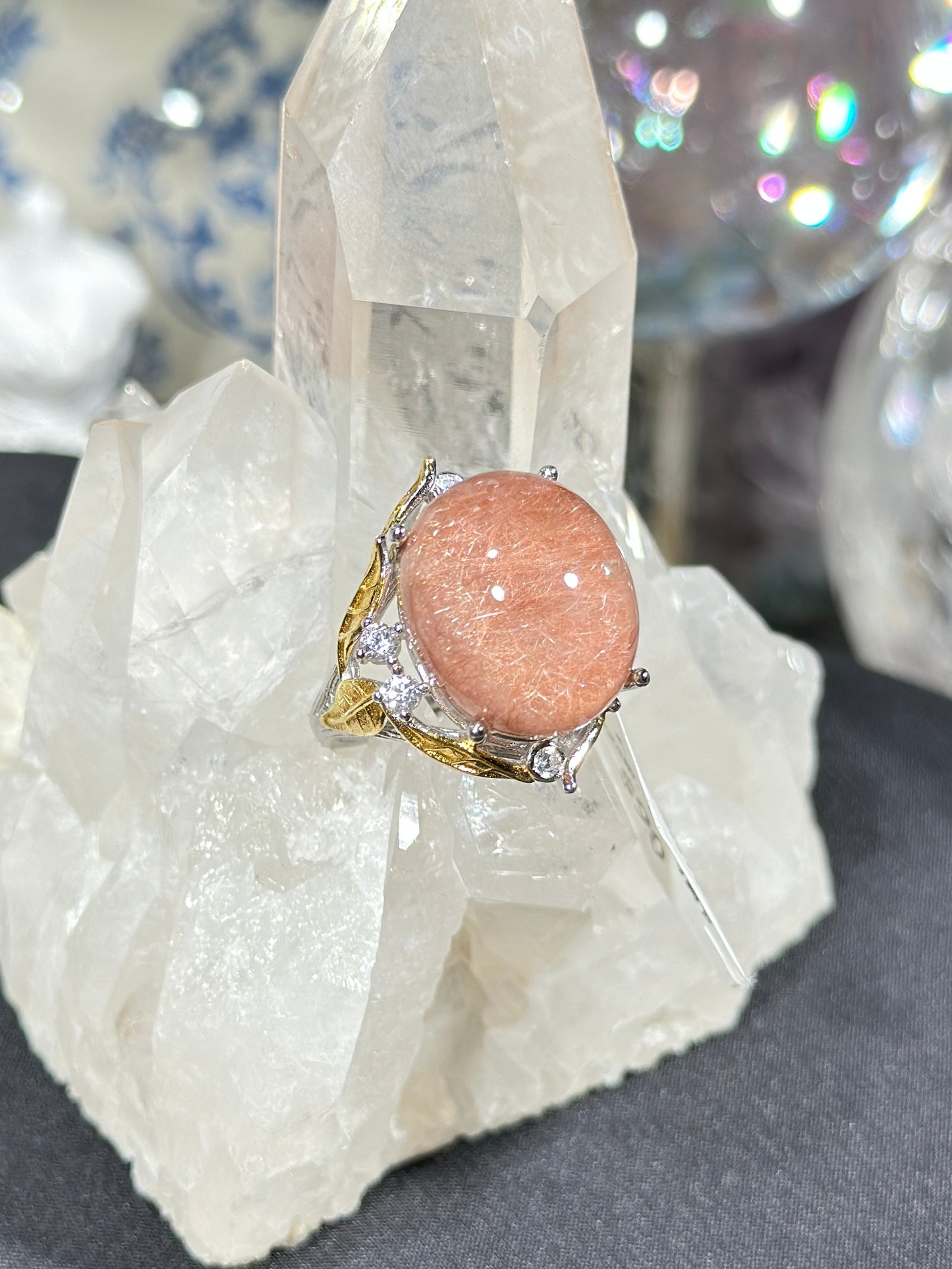 Pink rabbit fur crystal S925 silver ring