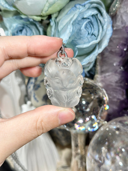 White crystal engraved fox necklace