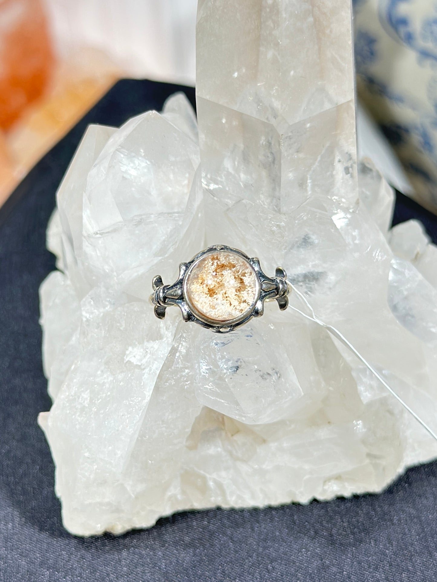 Orange-pink ghost crystal S925 silver ring