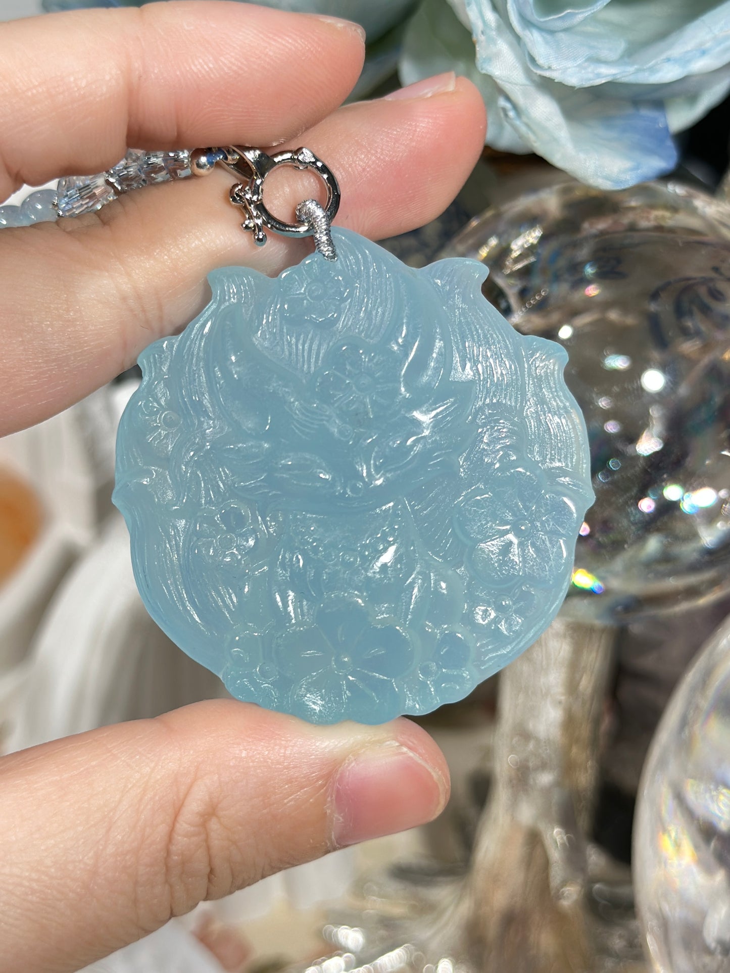 Aquamarine engraved fox necklace